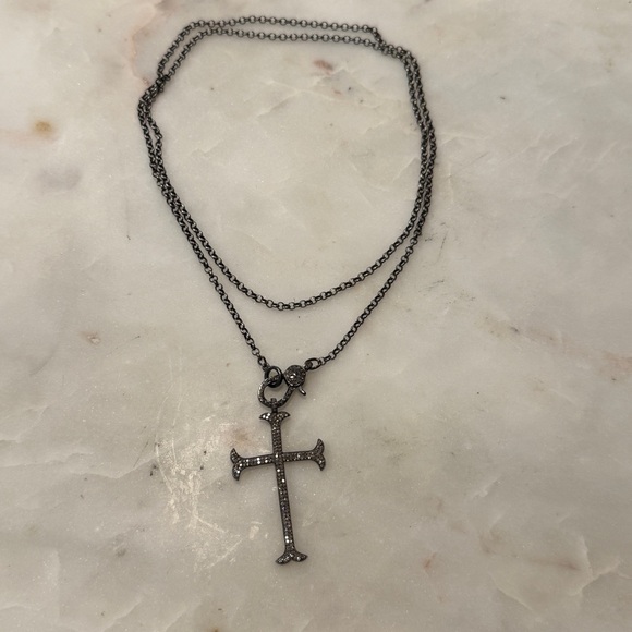 Pavé Diamond & Gunmetal Cross Necklace - Picture 3 of 12